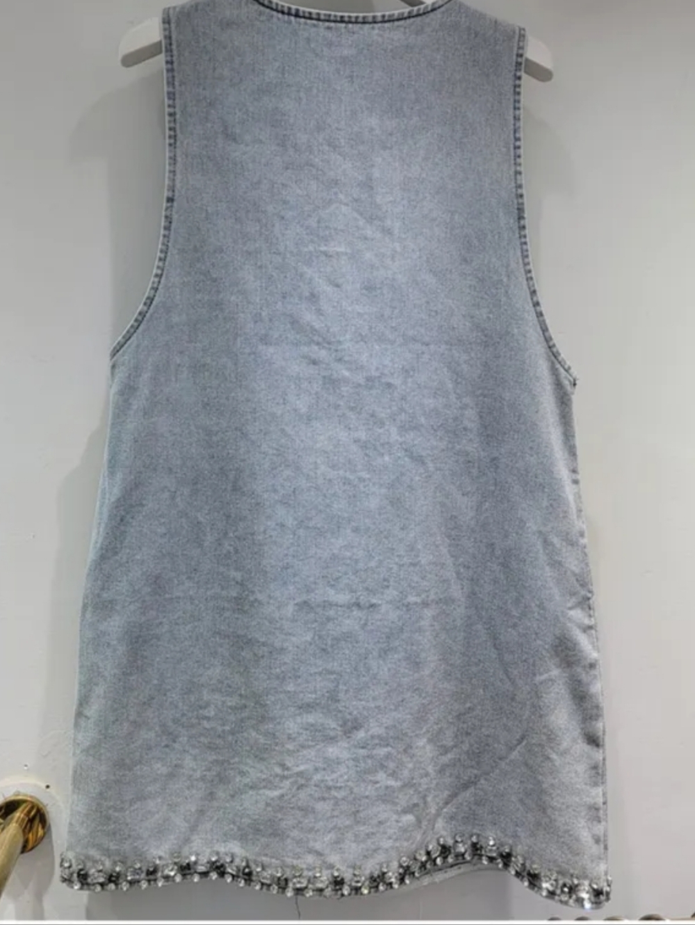 Embellished Light Blue Denim Mini Dress - Deep V - Picture 6 of 8